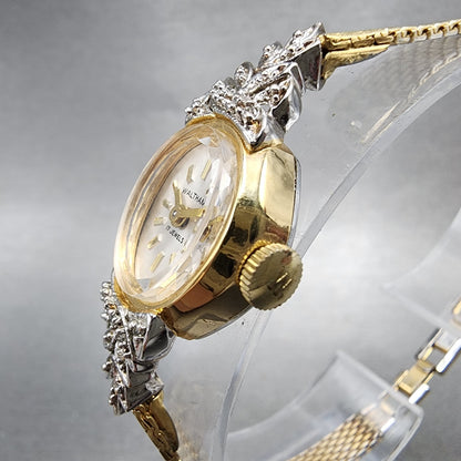 Waltham Watch Women 17mm Silver Dial Gold Tone Oval Diamon Accents Manual Wind2