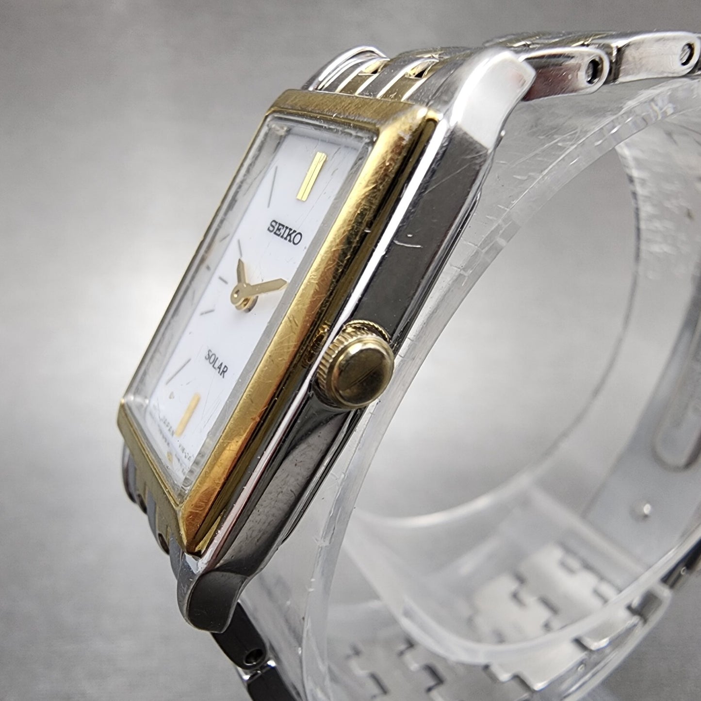 Seiko Solar Tank Watch Women 16mm White Dial Two Tone Rectangle V1160AA0 Runs2