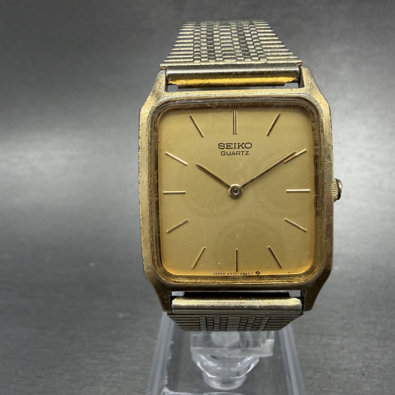 Seiko Tank Watch Men 26mm Champagne Dial Gold Tone Rectangle 6530-5500 New Batt0