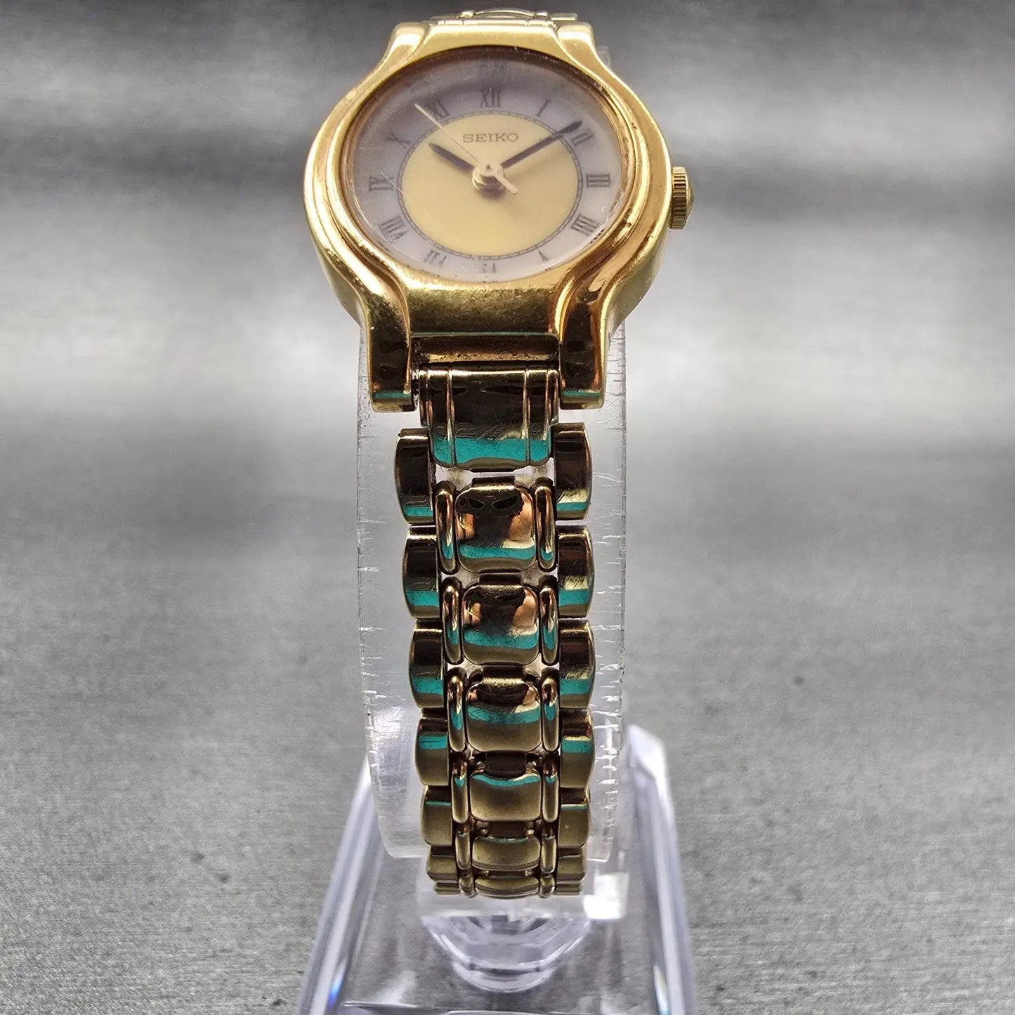 Seiko Watch Women 20mm Gold Dial Gold Tone Round 1N01 New Battery Vintage5