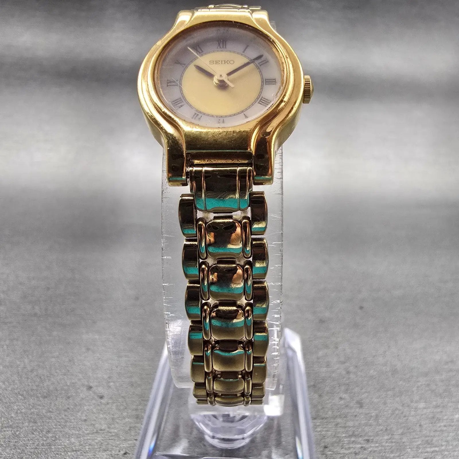 Seiko Watch Women 20mm Gold Dial Gold Tone Round 1N01 New Battery Vintage5