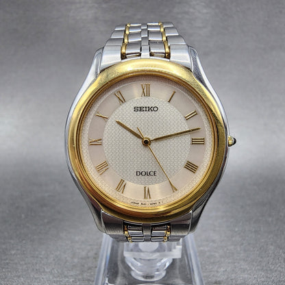 Seiko Dolce Watch Men 33mm White Dial Twotone Round 8j41-6030 New Battery