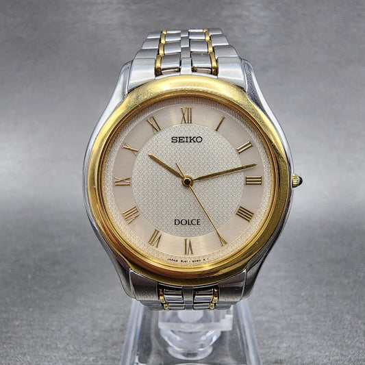 Seiko Dolce Watch Men 33mm White Dial Twotone Round 8j41-6030 New Battery