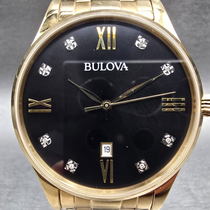 Bulova Watch Men 40mm Black Dial Gold Tone Date Gemmed 97D108 New Battery1