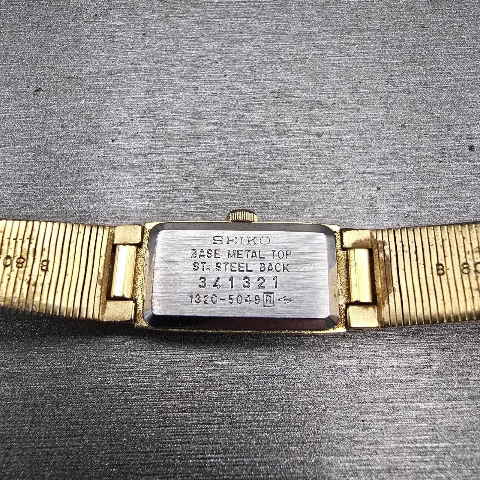 Seiko Watch Women 11mm Gold Dial Gold Tone Rectangle 1320-5049 New Battery VTG10