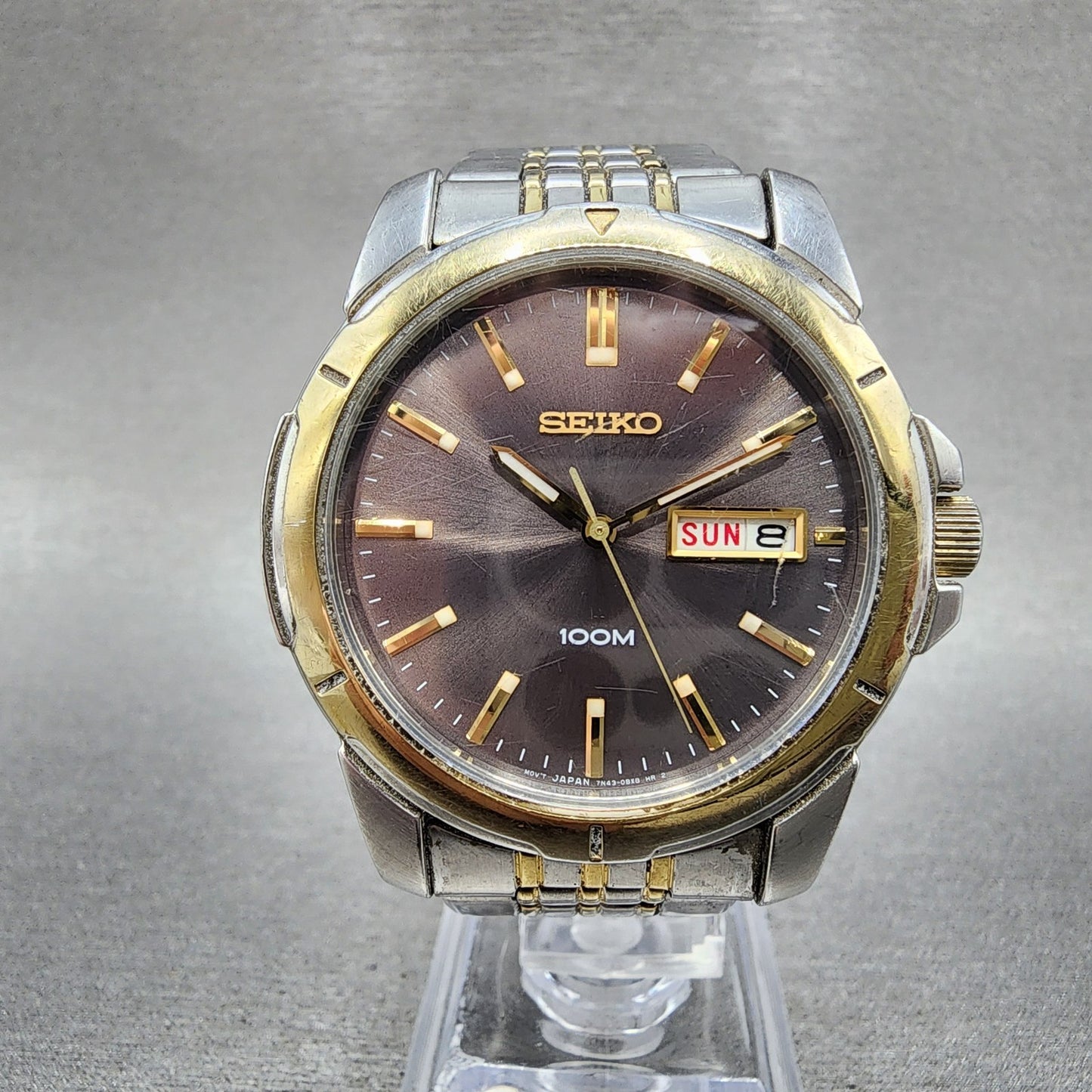 Seiko 100m Watch Men 39mm Silver Dial Two Tone Daydate Round 7n430az0 PARTS0