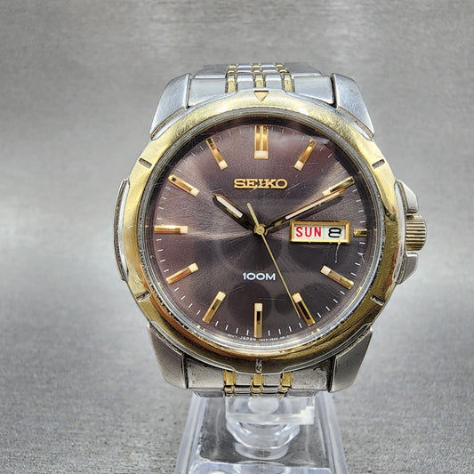 Seiko 100m Watch Men 39mm Silver Dial Two Tone Daydate Round 7n430az0 PARTS0