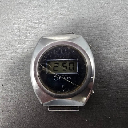 Elgin LCD Watch Men 32mm Blue Dial Stainless Steel Vintage Quartz Digital PARTS0