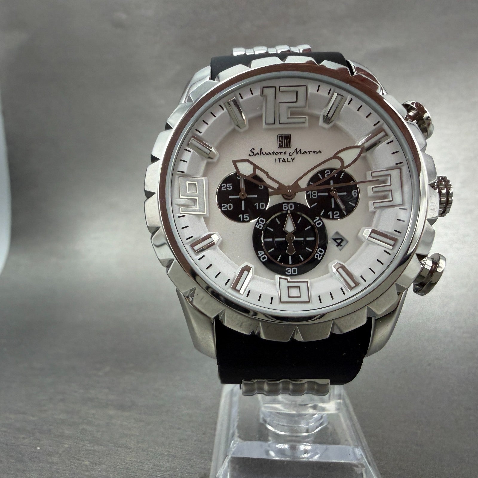 Salvatore Marra Chronograph Watch Men 46mm White Dial Steel Date Round new batt5