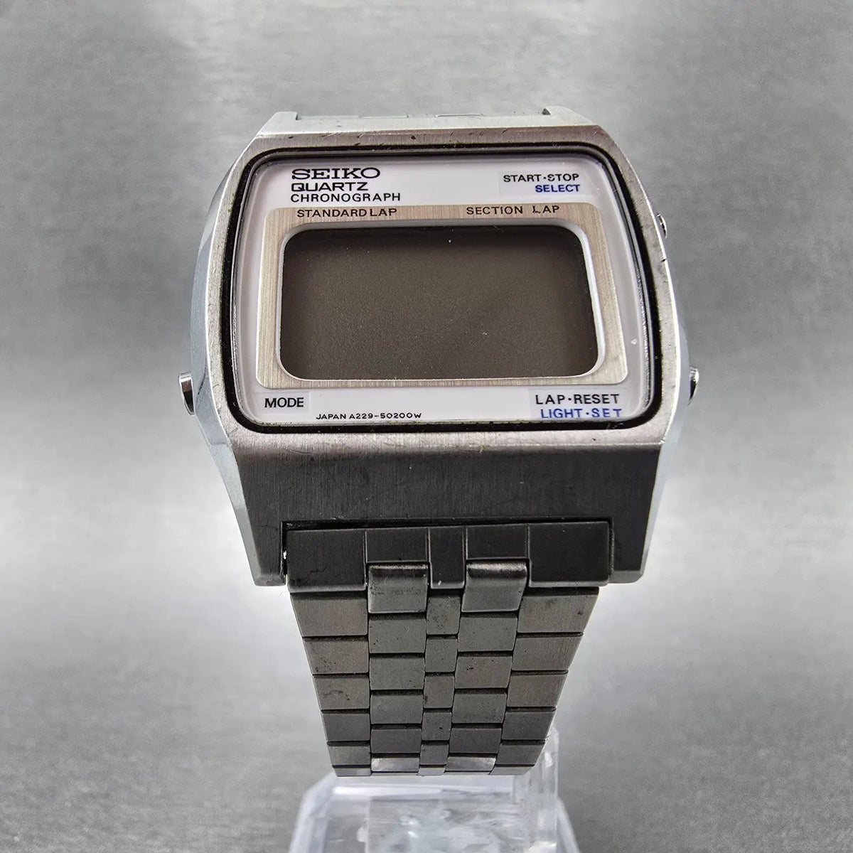 Seiko Watch Men 34mm Digital Silver Chronograph Rectangle A229-5010 PARTS VTG6