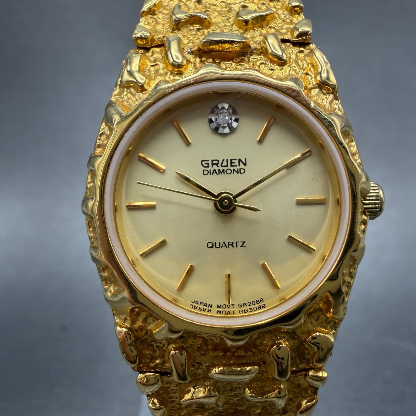 Gruen Watch Women 25mm Gold Dial Gold Nugget Case Tone New Battery VTG ABC0