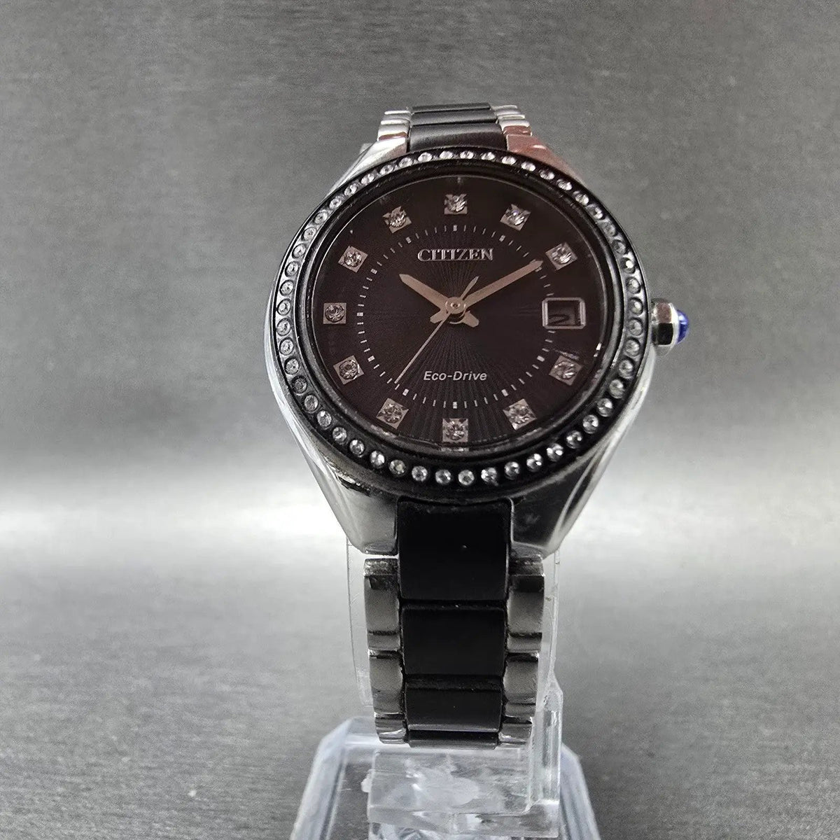 Citizen Eco-Drive Silhouette Crystal Watch Women 26mm Black Dial Steel Date Runs5