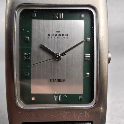 Skagen Watch Men 26mm Silver Green Dial Titanium Rectangle 177LTL New Battery1