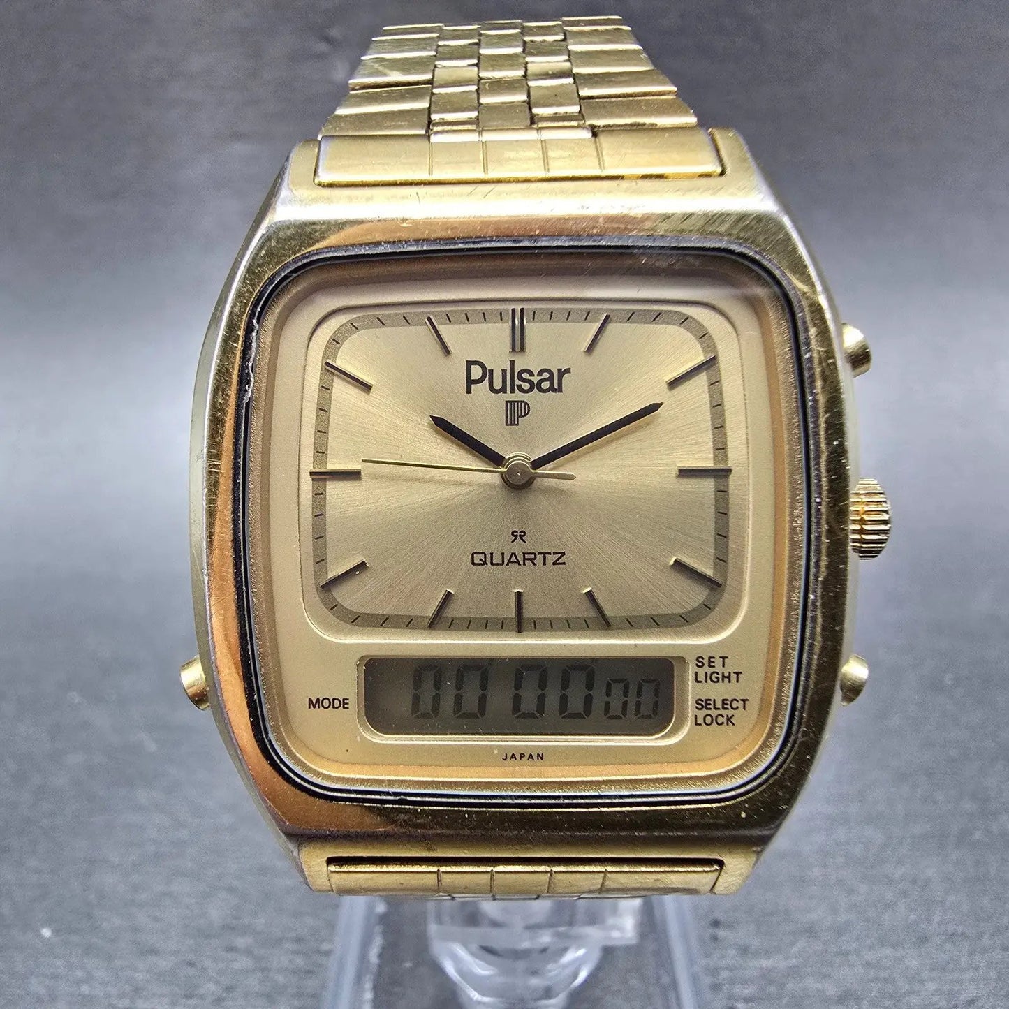 Seiko Pulsar Watch Men 33mm Champagne Dial Gold Tone Analog Digital New Battery0