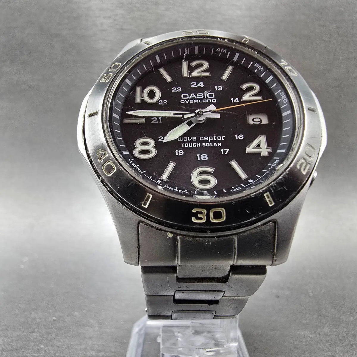 Casio Overland Watch Men 42mm Black Dial Steel Date Solar Round OVW-110 READ!!!J10
