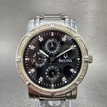 Bulova Watch Men 39mm Black Dial Silver Tone Daydate Round Diamonds 96E04 NewBat0
