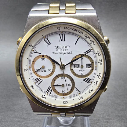 Seiko Chronograph Watch Men 37mm White Dial Two Tone Daydate 7A38-7289 READ!!!!!0
