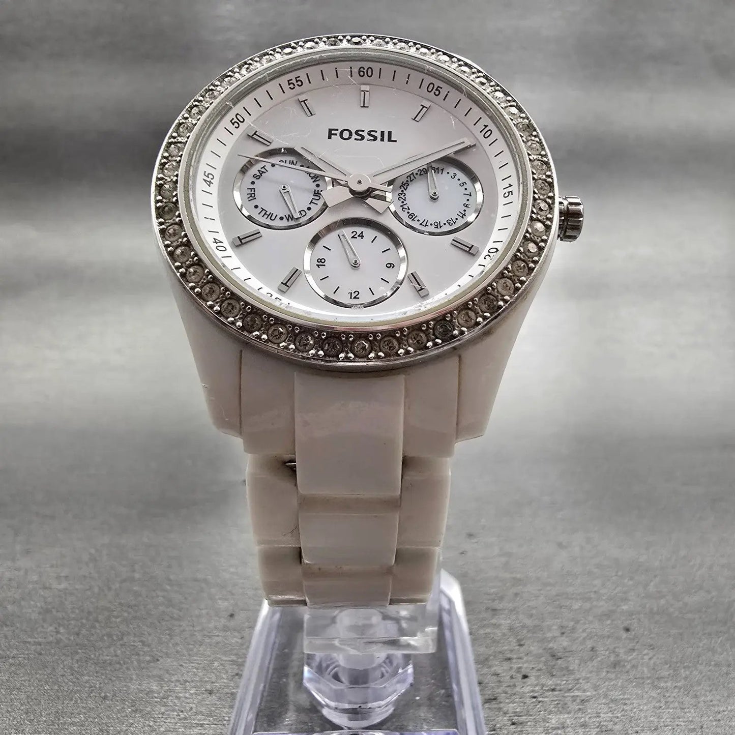 Fossil Stella Day Watch Women 38mm White Dial White Tone Daydate ES1967 New Batt5