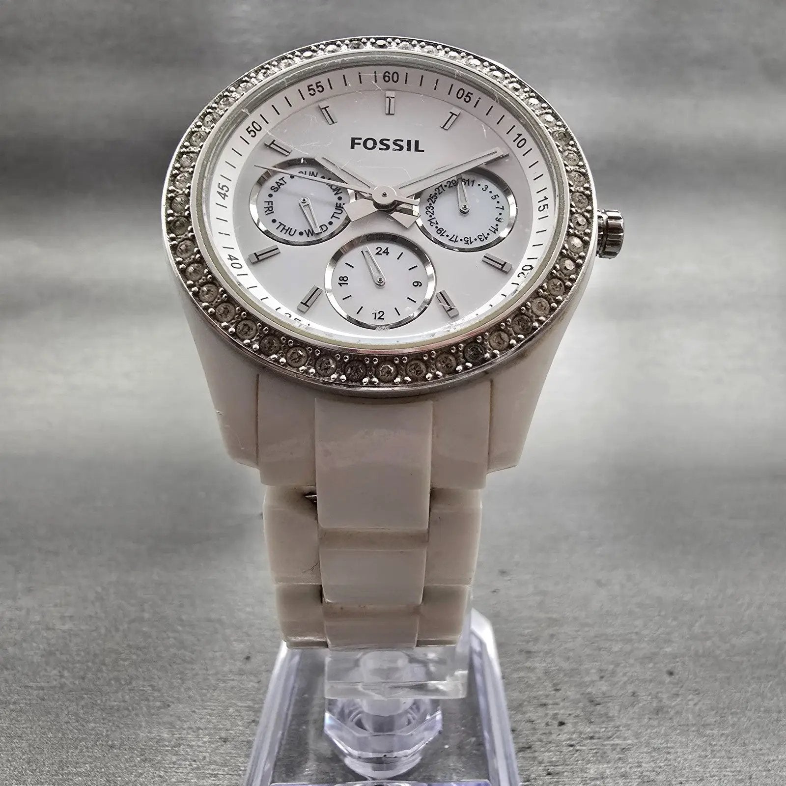 Fossil Stella Day Watch Women 38mm White Dial White Tone Daydate ES1967 New Batt5