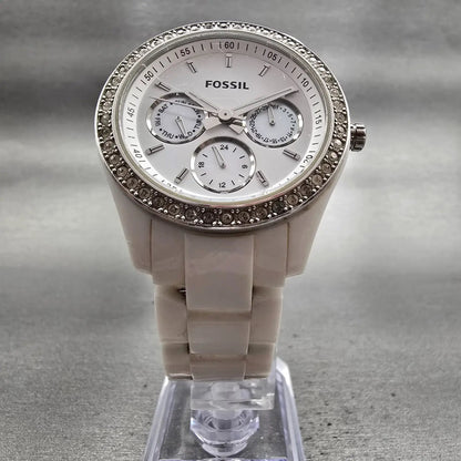 Fossil Stella Day Watch Women 38mm White Dial White Tone Daydate ES1967 New Batt5