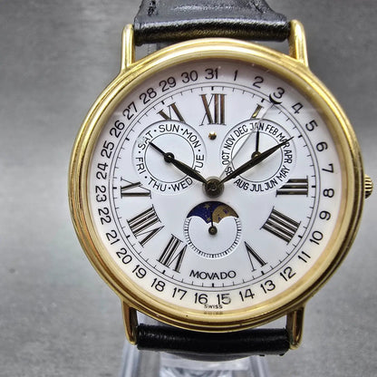 Movado Triple Calendar Moon Phase Watch Men 34mm White Dial Gold Tone NewBattery0