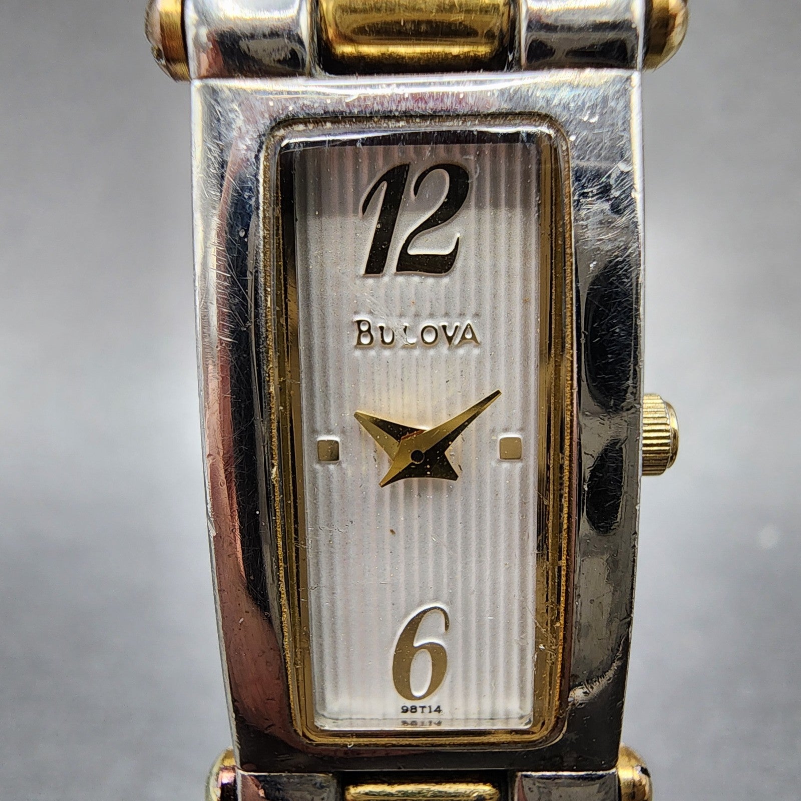 Bulova Tank Watch Women 14mm White Dial Two Tone Rectangle 98t14 New Battery1