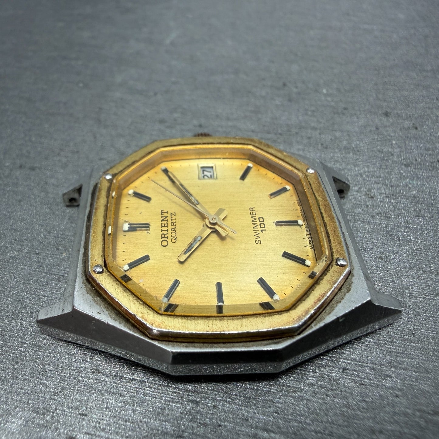 Orient Swimmer Watch Men 32mm Gold Dial Two Tone Date Octagon New Battery VTG3