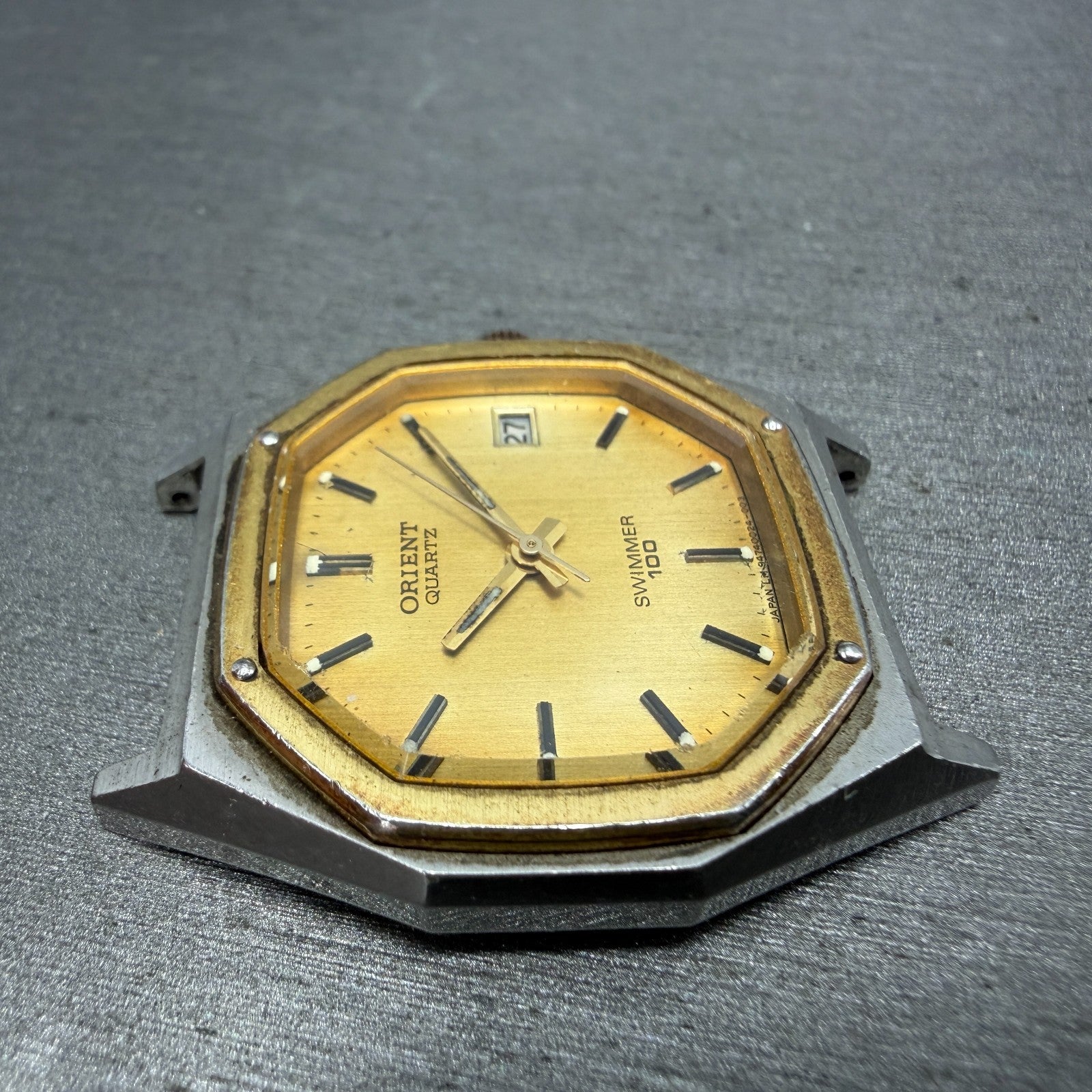 Orient Swimmer Watch Men 32mm Gold Dial Two Tone Date Octagon New Battery VTG3