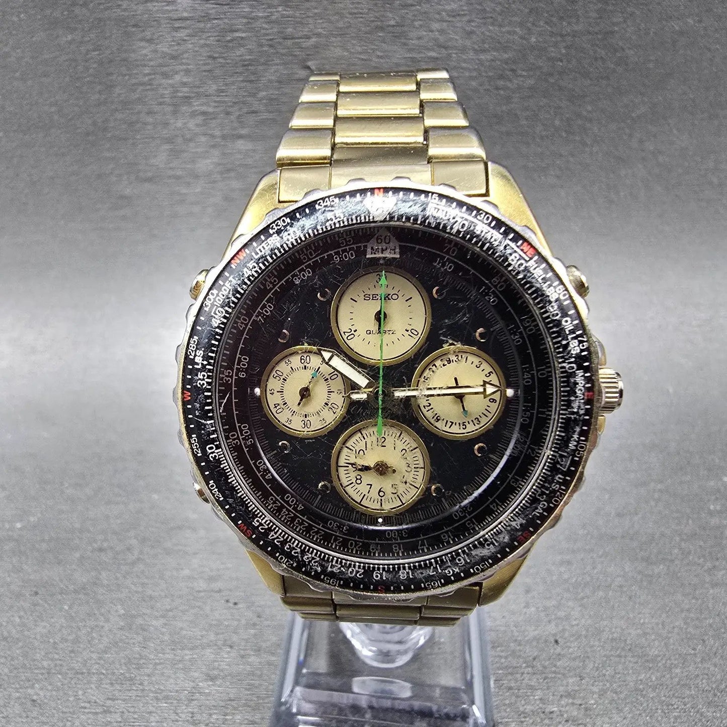 Seiko Flightmaster Chronograph Watch Men 40mm Black Dial Gold Tone READ!! NewBat0