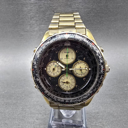 Seiko Flightmaster Chronograph Watch Men 40mm Black Dial Gold Tone READ!! NewBat0