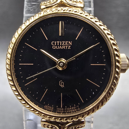 Citizen CQ Watch Women 20mm Black Dial Gold Tone Round 4-102797 New Battery VTG1