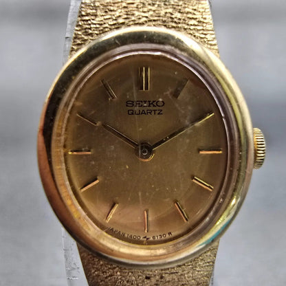 Seiko Watch Women 17mm Gold Dial Gold Tone Oval 1400-8339 New Battery Vintage1