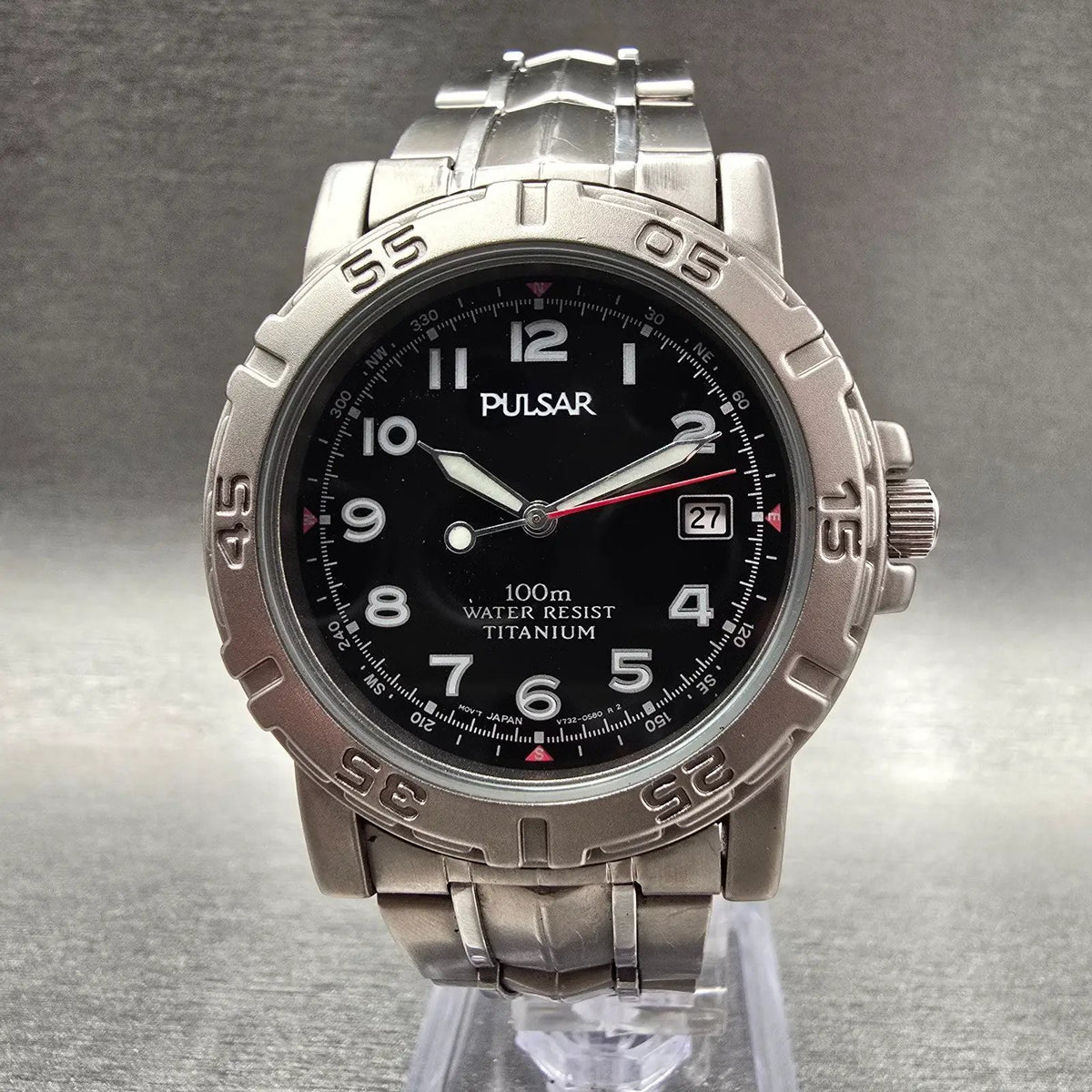 Seiko Pulsar Watch Men 38mm Black Dial Titanium Date Round V730-0350 New Battery0