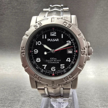 Seiko Pulsar Watch Men 38mm Black Dial Titanium Date Round V730-0350 New Battery0