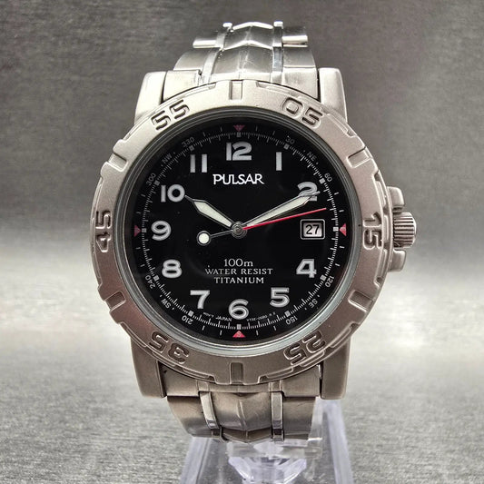 Seiko Pulsar Watch Men 38mm Black Dial Titanium Date Round V730-0350 New Battery0