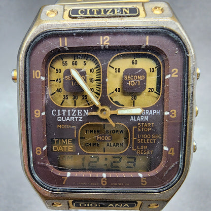 Citizen Robot Space Watch Men 33mm Analog Digital Gold Tone Rectangle READ!!! B11