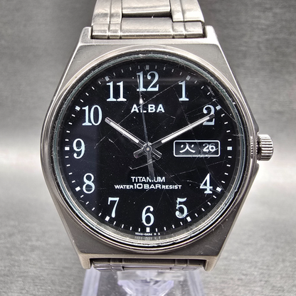 Seiko Alba Watch Men 36mm Black Dial Titanium Daydate Round VX43-0AG0 New Batt0