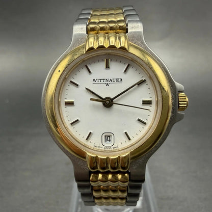 Wittnauer Watch Women 25mm White Dial Two Tone Date Round 9565 New Battery0