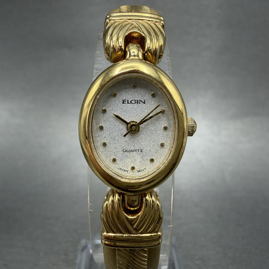 Elgin Watch Women 16mm Silver Dial Gold Tone Oval Bangle New Battery0