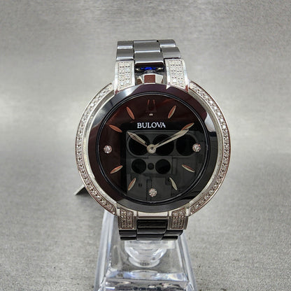 Bulova Rubaiyat Watch Women 35mm Black Dial Black Ceramic Diamond Bezel 98R266 B