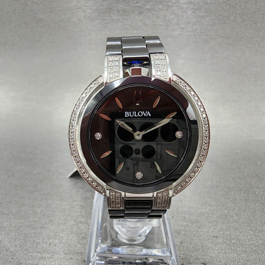 Bulova Rubaiyat Watch Women 35mm Black Dial Black Ceramic Diamond Bezel 98R266 B