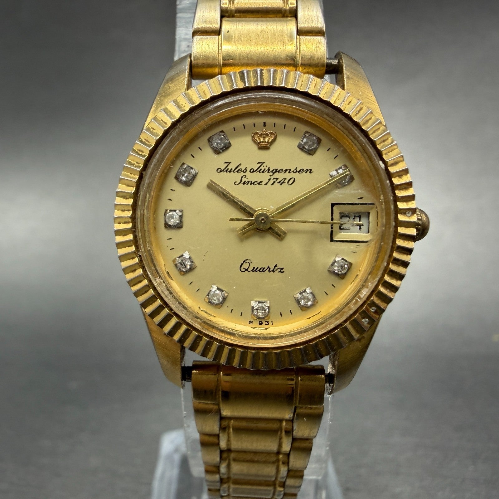 Jules Jurgenson Watch Women 24mm Gold Dial Gold Tone Date Round New Battery 64840