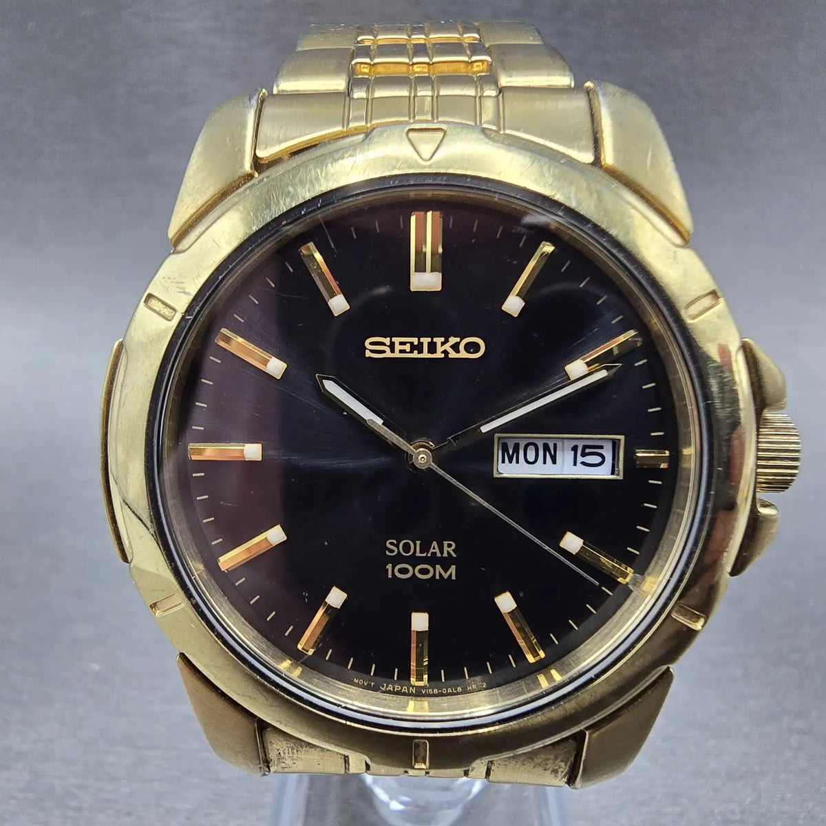 Seiko Solar Watch Men 39mm Black Dial Gold Tone Daydate Round V158-0AD0 Runs JP90