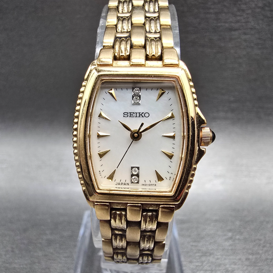 Seiko Watch Women 20mm MOP Dial Gold Tone Gemmed Rectangle 1N01-0HL0 New Battery0