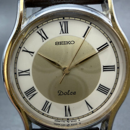 Seiko Dolce Watch Men 32mm Champagne Dial Gold Tone Round 7741-6030 New Battery51