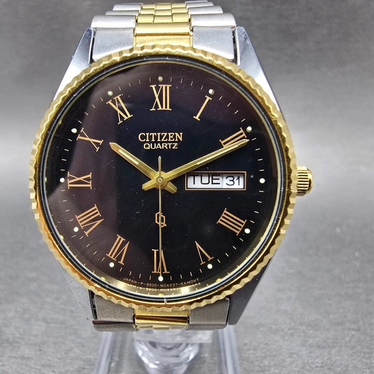 Citizen CQ President Watch Men 35mm Black Dial Two Tone Daydate Round New Batt0