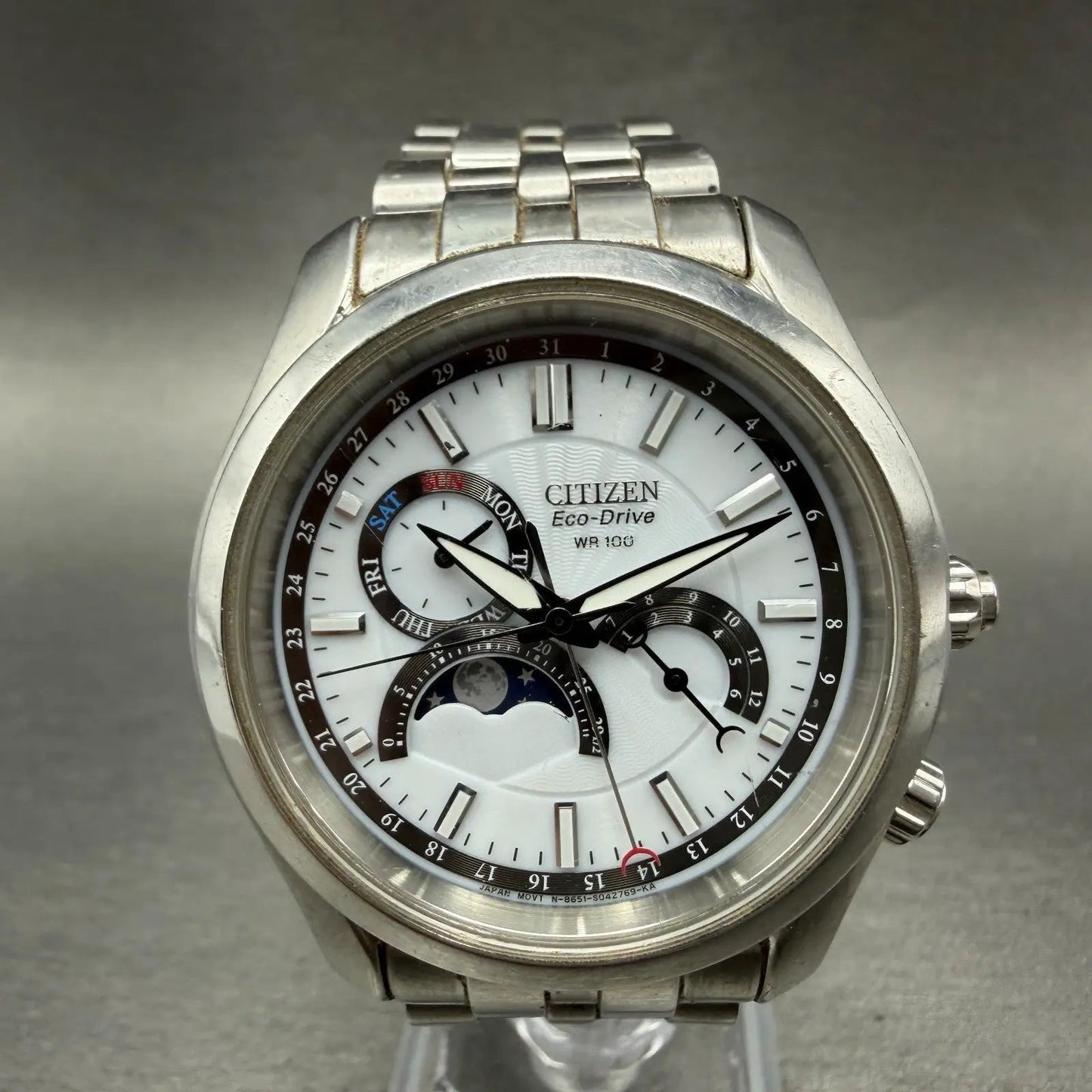 Citizen Eco-Drive Moonphase Watch Men 41mm White Dial Steel Daydate Round Runs0