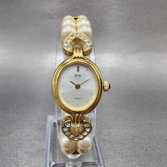 Avon Watch Women 18mm Silver Dial Gold Tone Oval Crystal Accents New Battery0