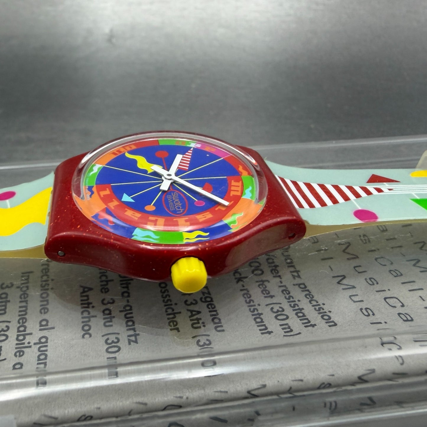 Swatch Musical Fandango Watch Men 34mm Blue Dial Red Tone SLR100 New batt W/box3
