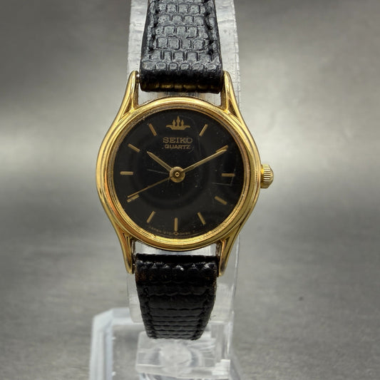 Seiko Watch Women 20mm Black Dial Gold Tone Round Vintage 2y01-0a10 New Battery0